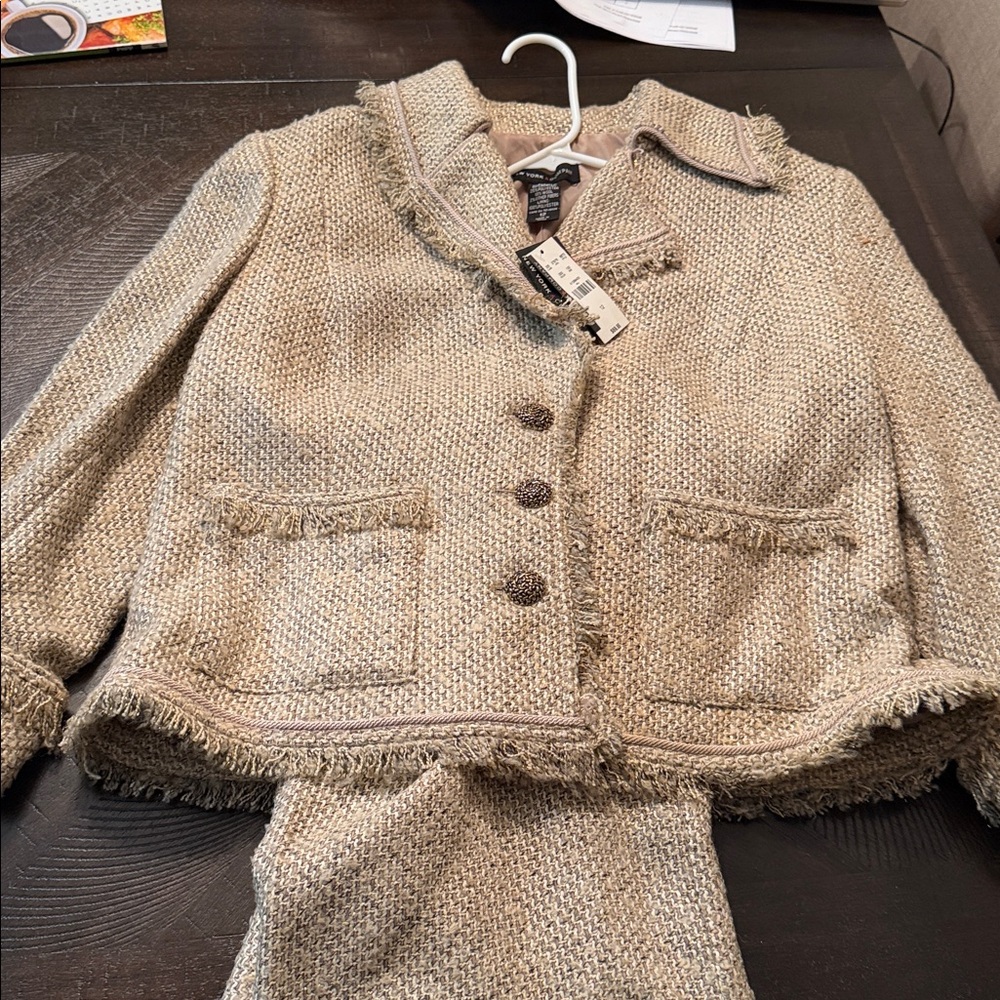 New York and Company Beige Tweed Fringe Blazer Jacket and skirt
